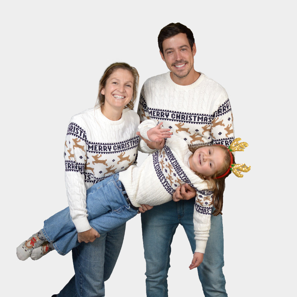 Childrens Classy White Organic Cotton Christmas Jumper with Reindeer Family