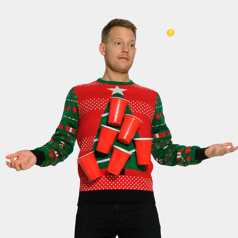 Mens Christmas Jumper Beer Pong + Beer Opener