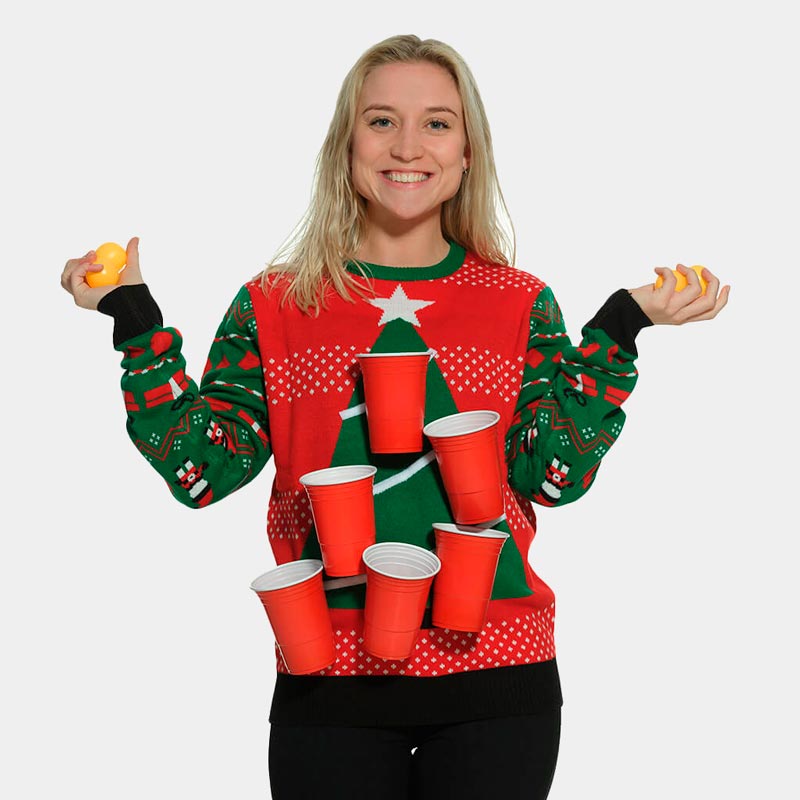 Womens Christmas Jumper Beer Pong + Beer Opener