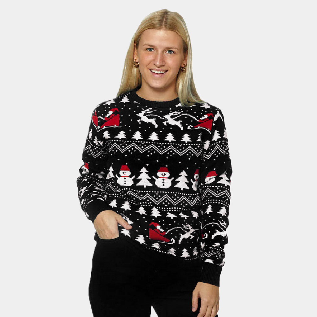 Black Christmas Jumper Womens with Trees, Snowmen and Santa