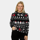 Black Christmas Jumper Womens with Trees, Snowmen and Santa