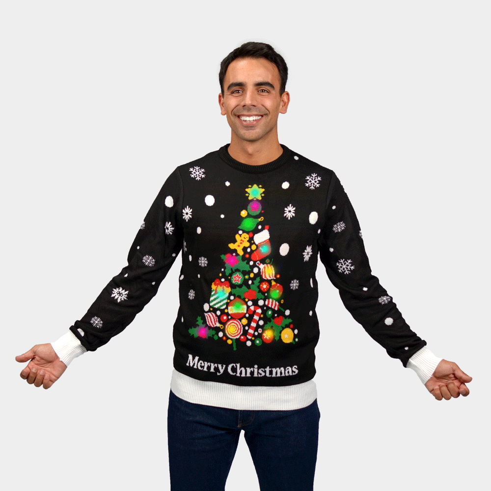 Black Christmas Tree LED light-up Mens Christmas Jumper
