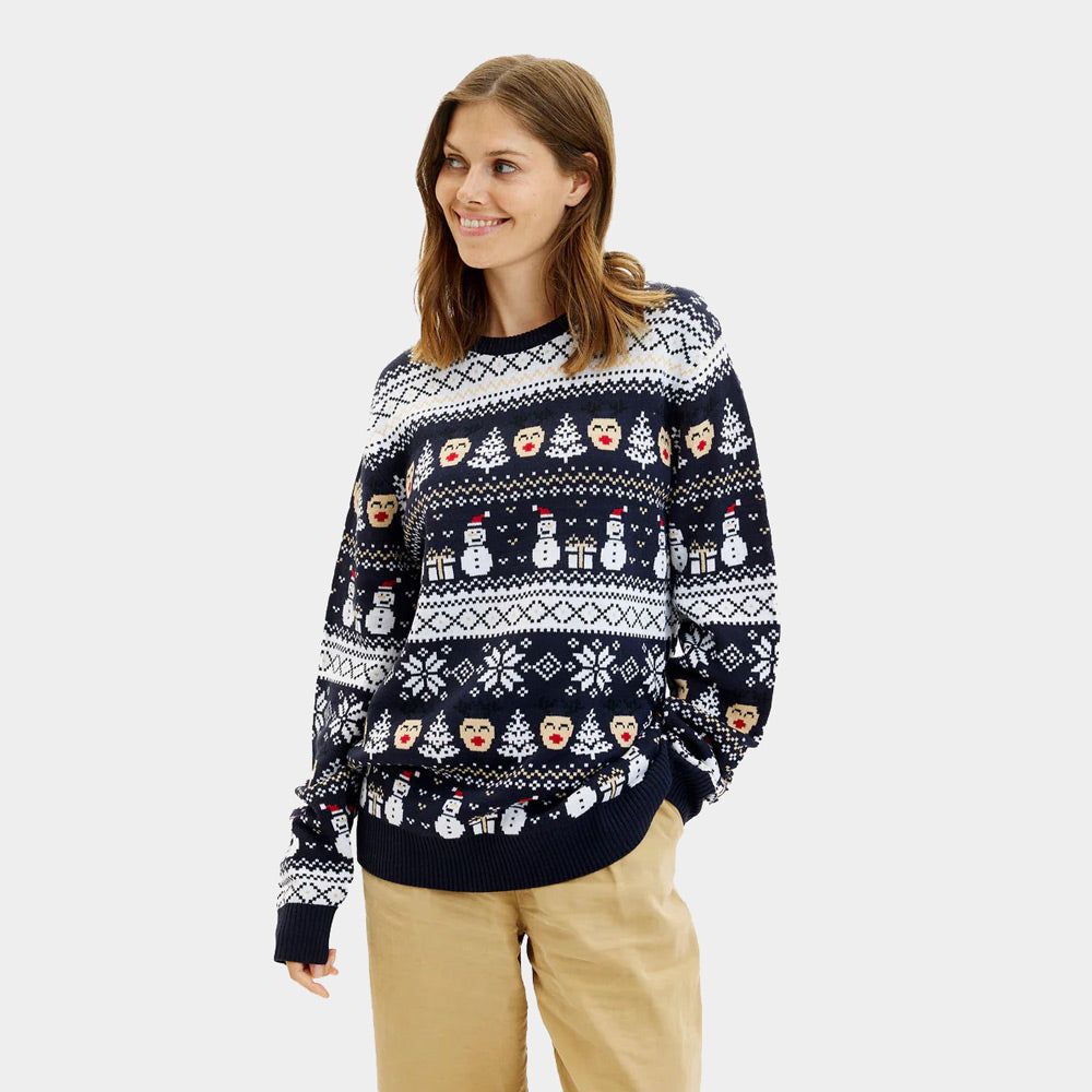 Blue Couples Christmas Jumper with Snowmen and Trees Womens
