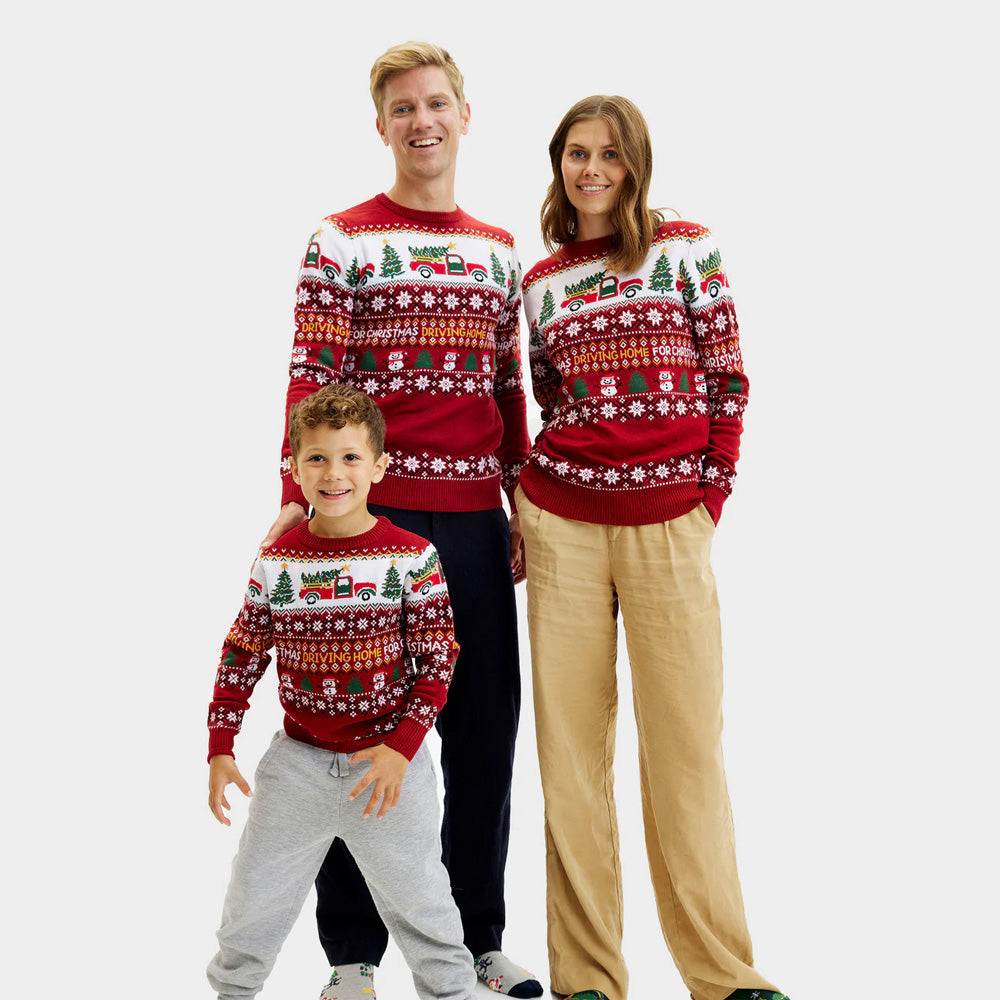 Boys and Girls Christmas Jumper Driving Home Family
