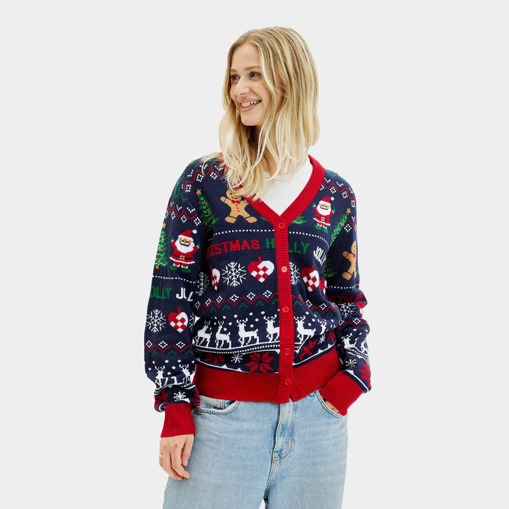 Blue and Red Cardigan Christmas Jumper Womens