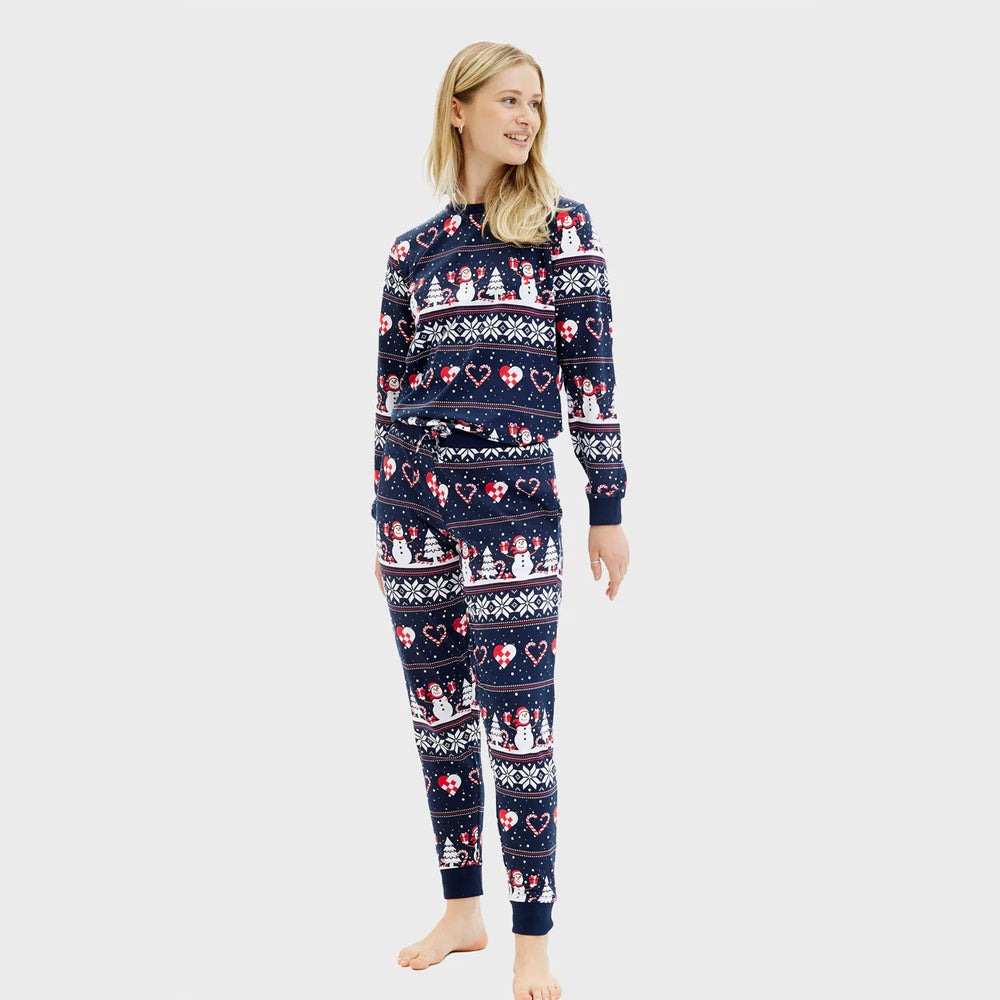 Christmas Pyjama for Women Snowmen and Hearts Blue 
