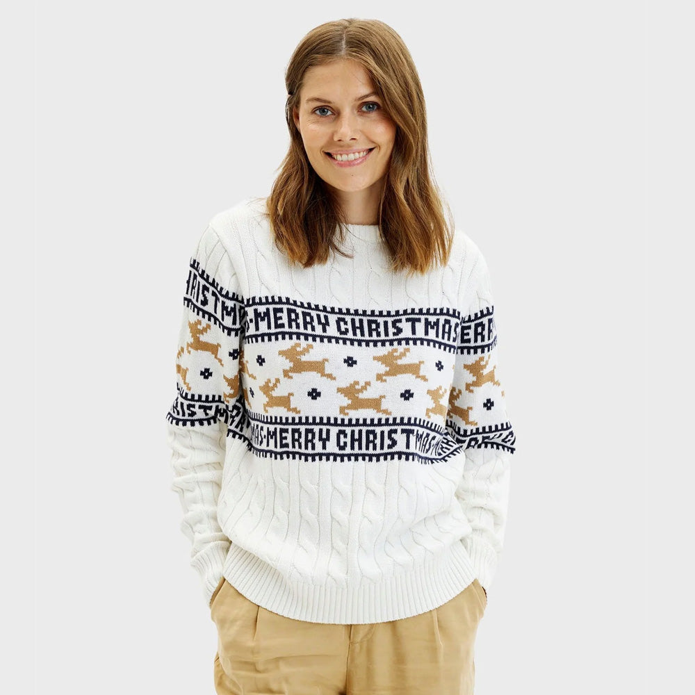Classy White Organic Cotton Womens Christmas Jumper Reindeers

