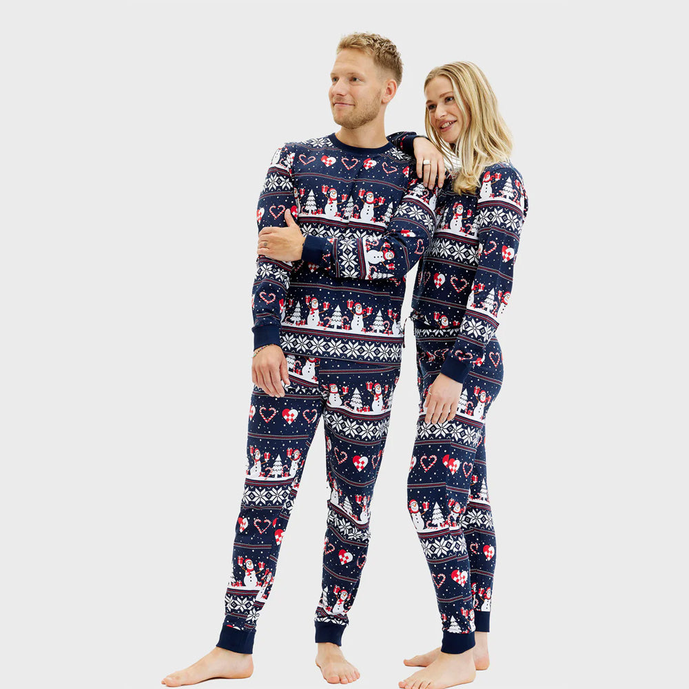 Blue Christmas Pyjama for Women and Men Snowmen and Hearts couples
