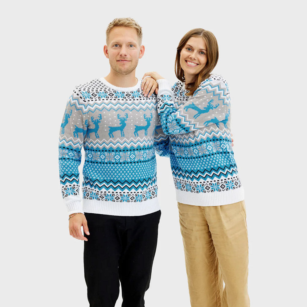 Classy White, Grey and Blue Couples Christmas Jumper Reindeers
