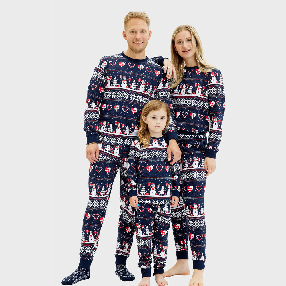 Blue Christmas Pyjama for Children with Snowmen Family Hearts

