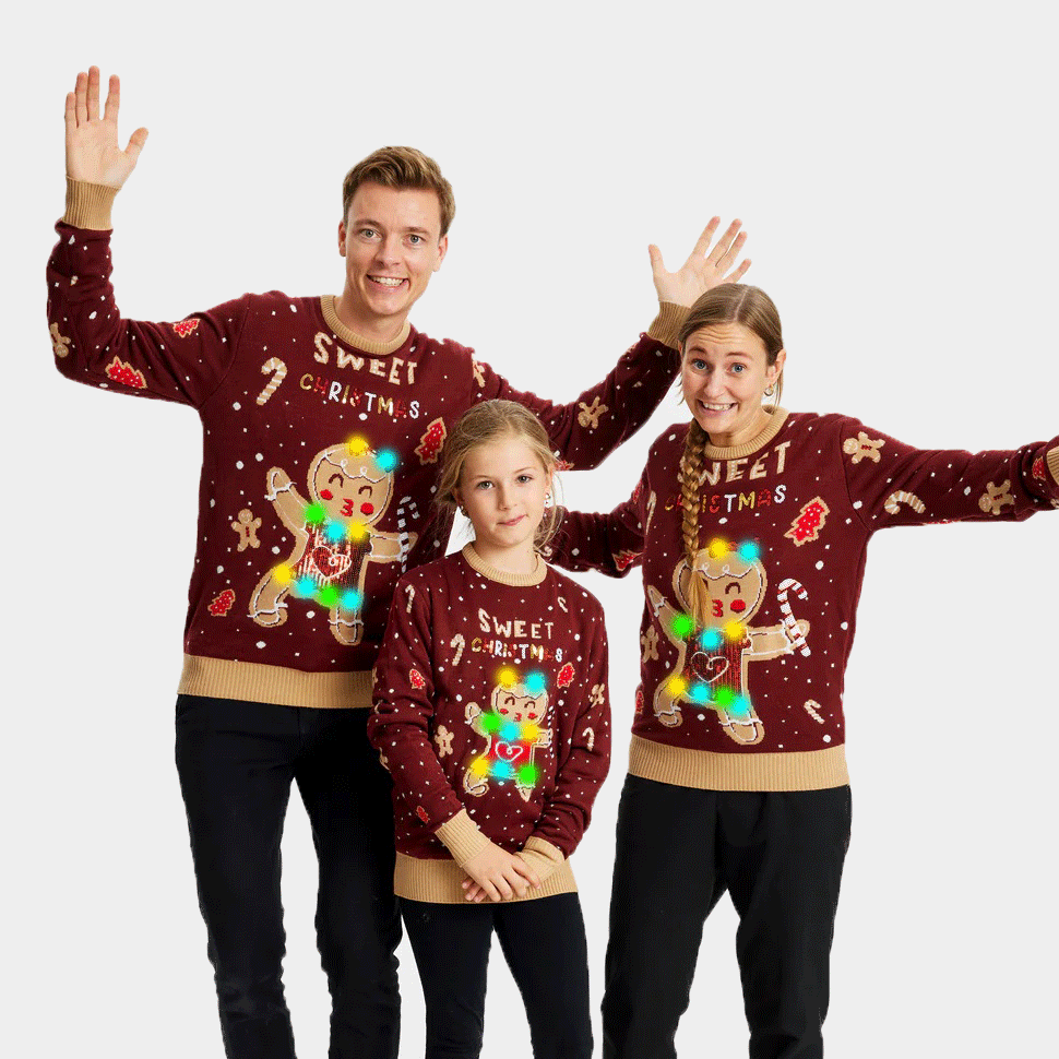 Red Family LED light-up Boys and Girls Christmas Jumper with Ginger Cookie
