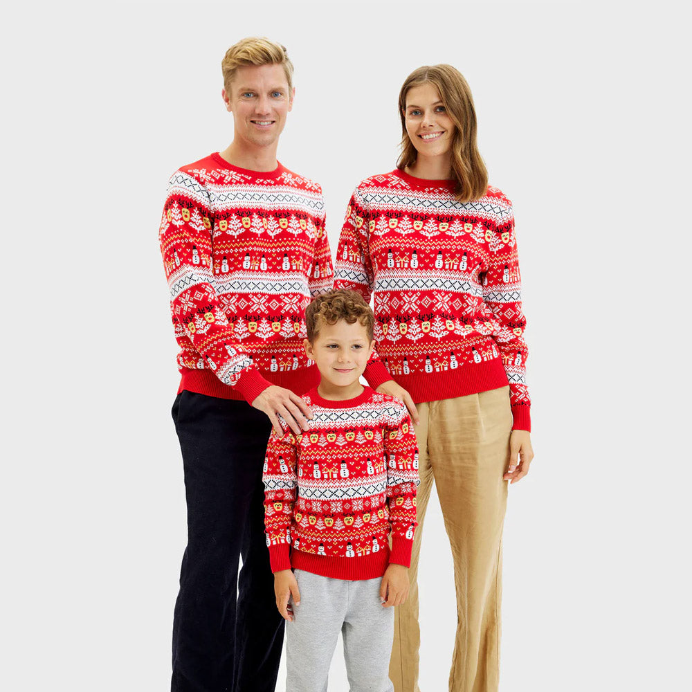 Red Organic CottonFamily and Womens Christmas Jumper Snowmen and Trees
