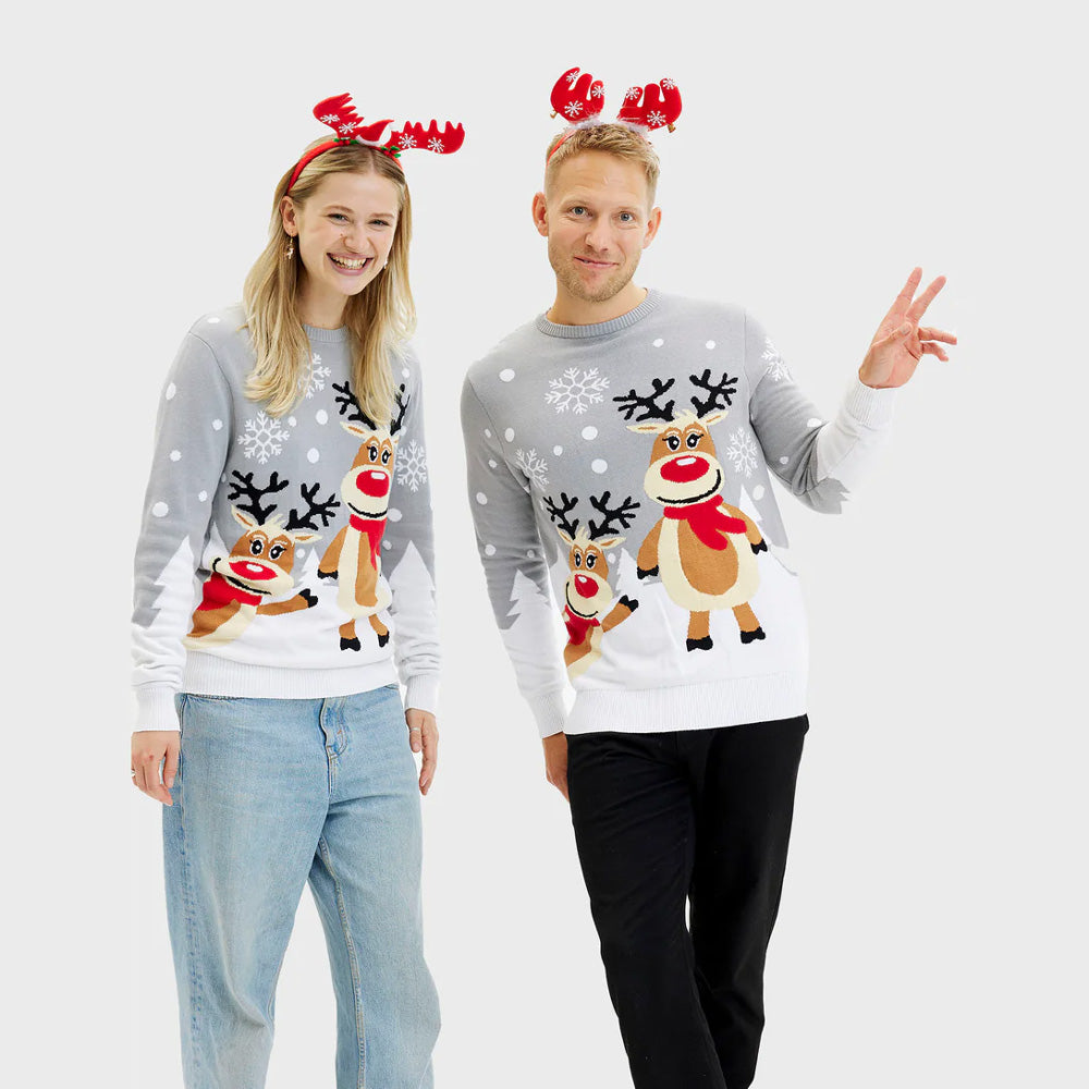 Grey Organic Cotton Mens Christmas Jumper Cute Reindeers Womens

