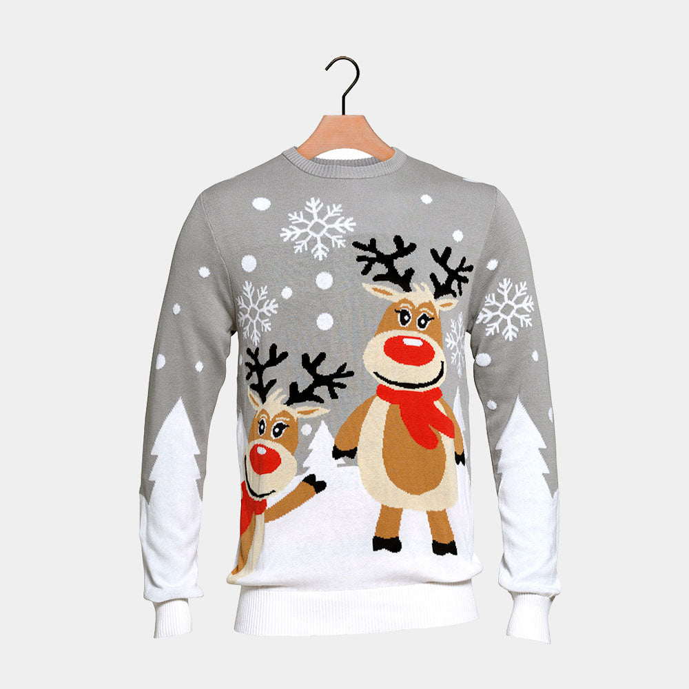 Grey Organic Cotton Men's Christmas Jumper with Cute Reindeers