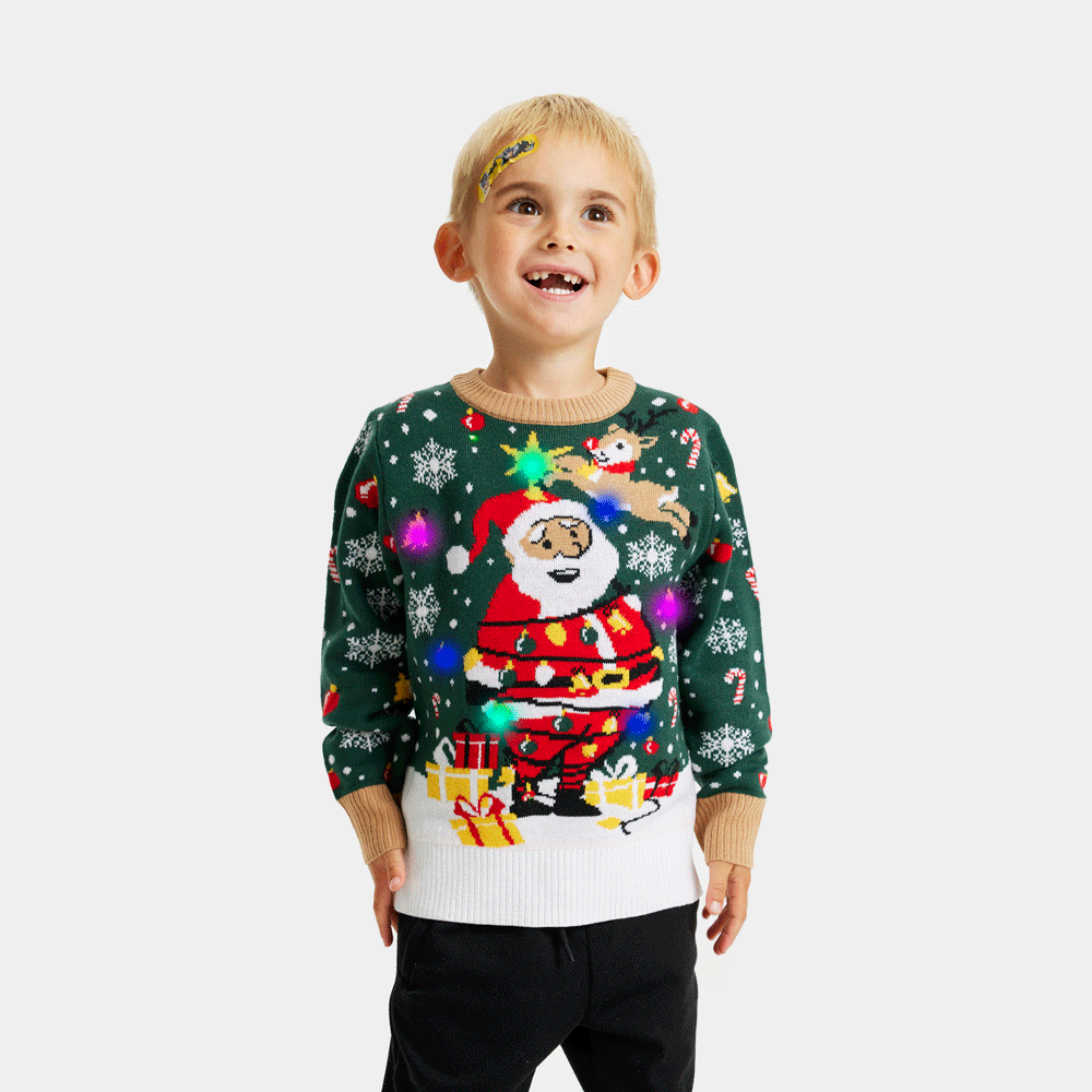 LED light-up Boys Christmas Jumper Santa Claus in a mess
