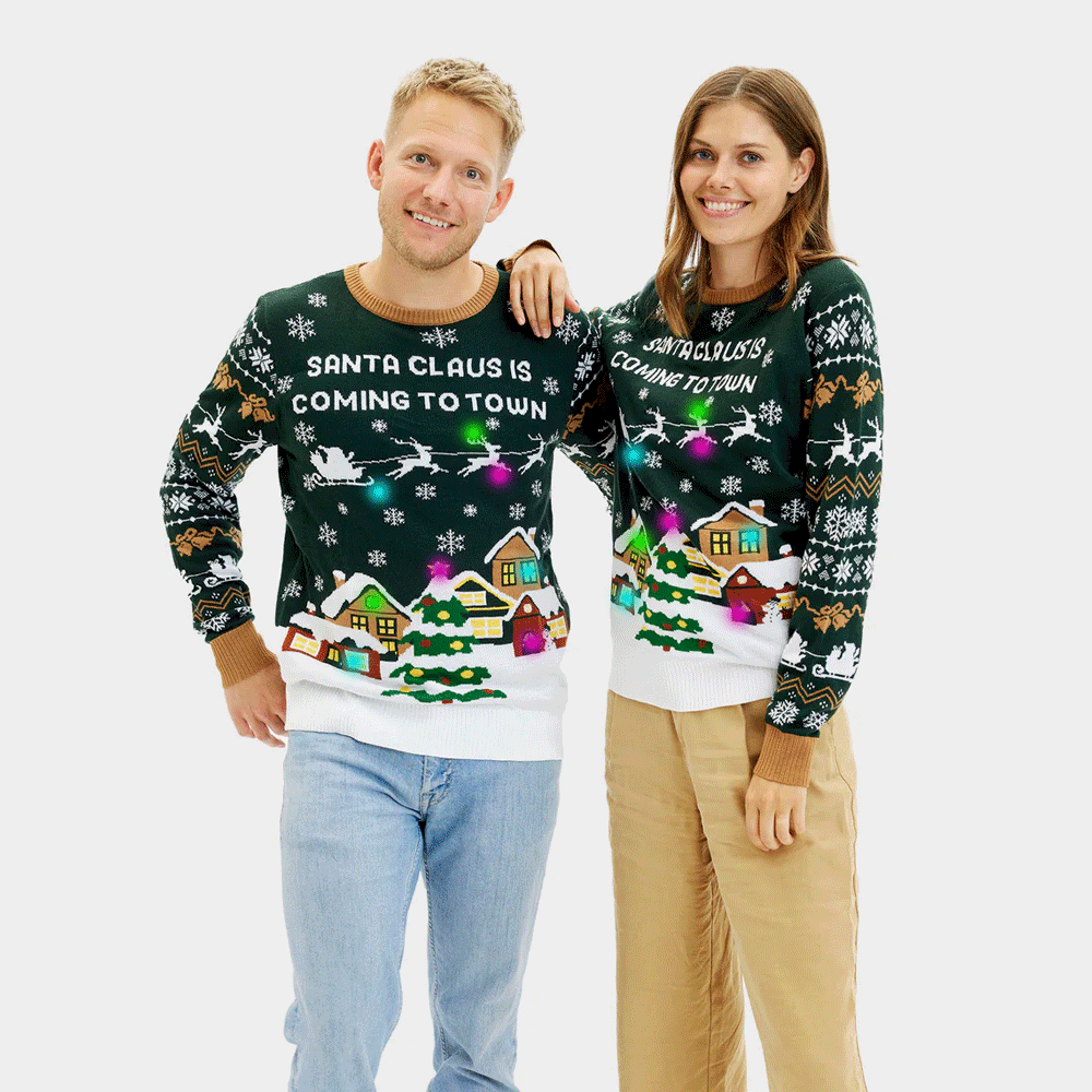 LED light-up Couples Christmas Jumper Santa is Coming to Town
