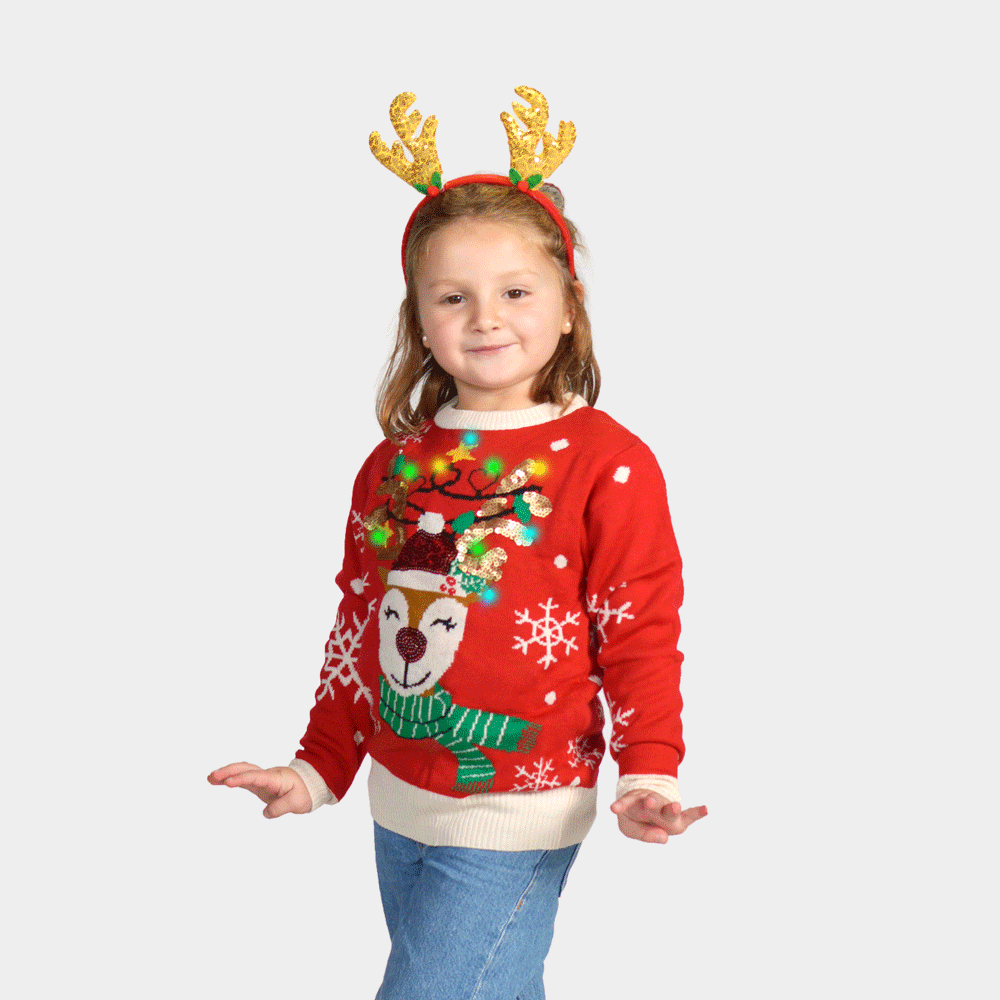 LED light-up Girls Christmas Jumper Sparkling Sequin Reindeer
