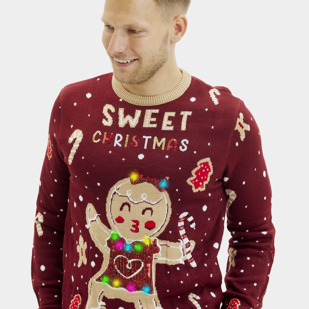 LED light-up Mens Christmas Jumper with Ginger Cookie Red 
