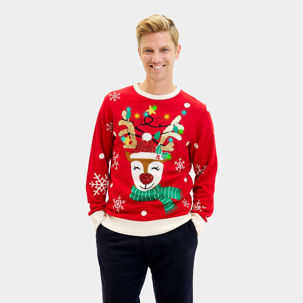 LED light-up Mens Christmas Jumper Sparkling Sequin Reindeer

