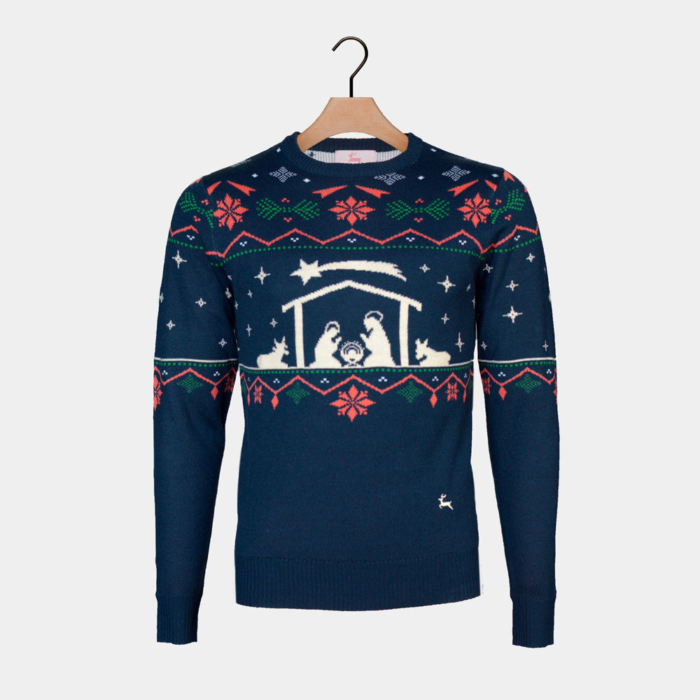 Mens Christmas Jumper Blue Nativity
