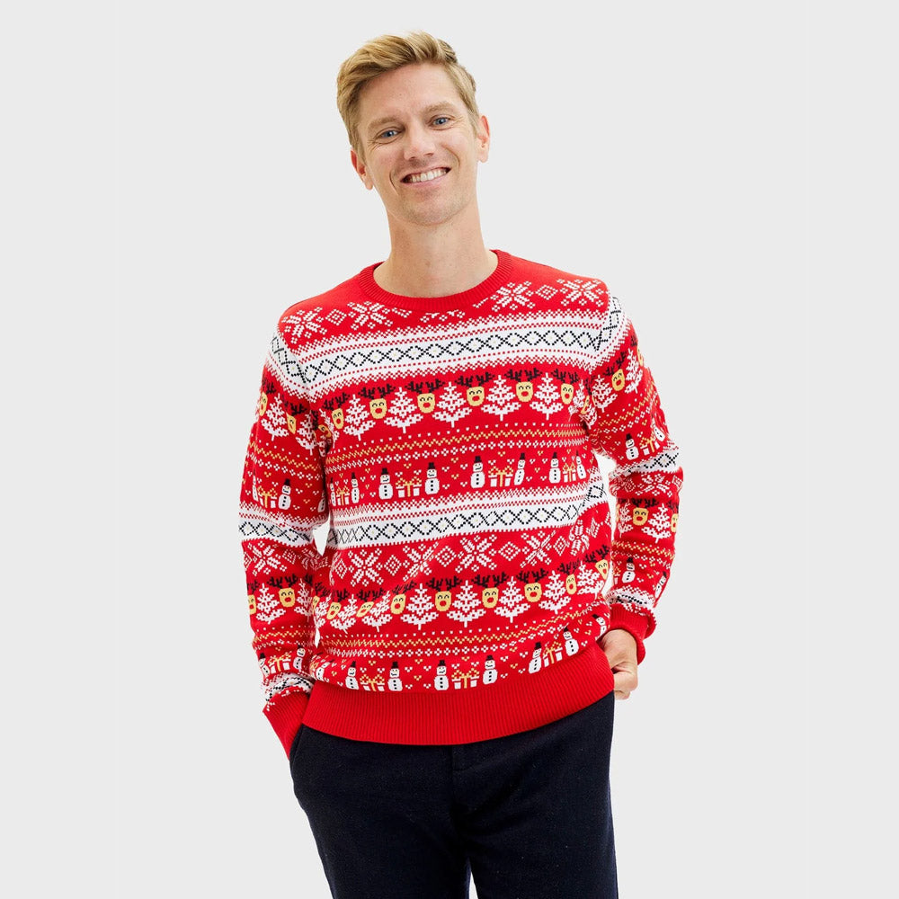 Organic Cotton Mens Christmas Jumper Snowmen Trees Red 