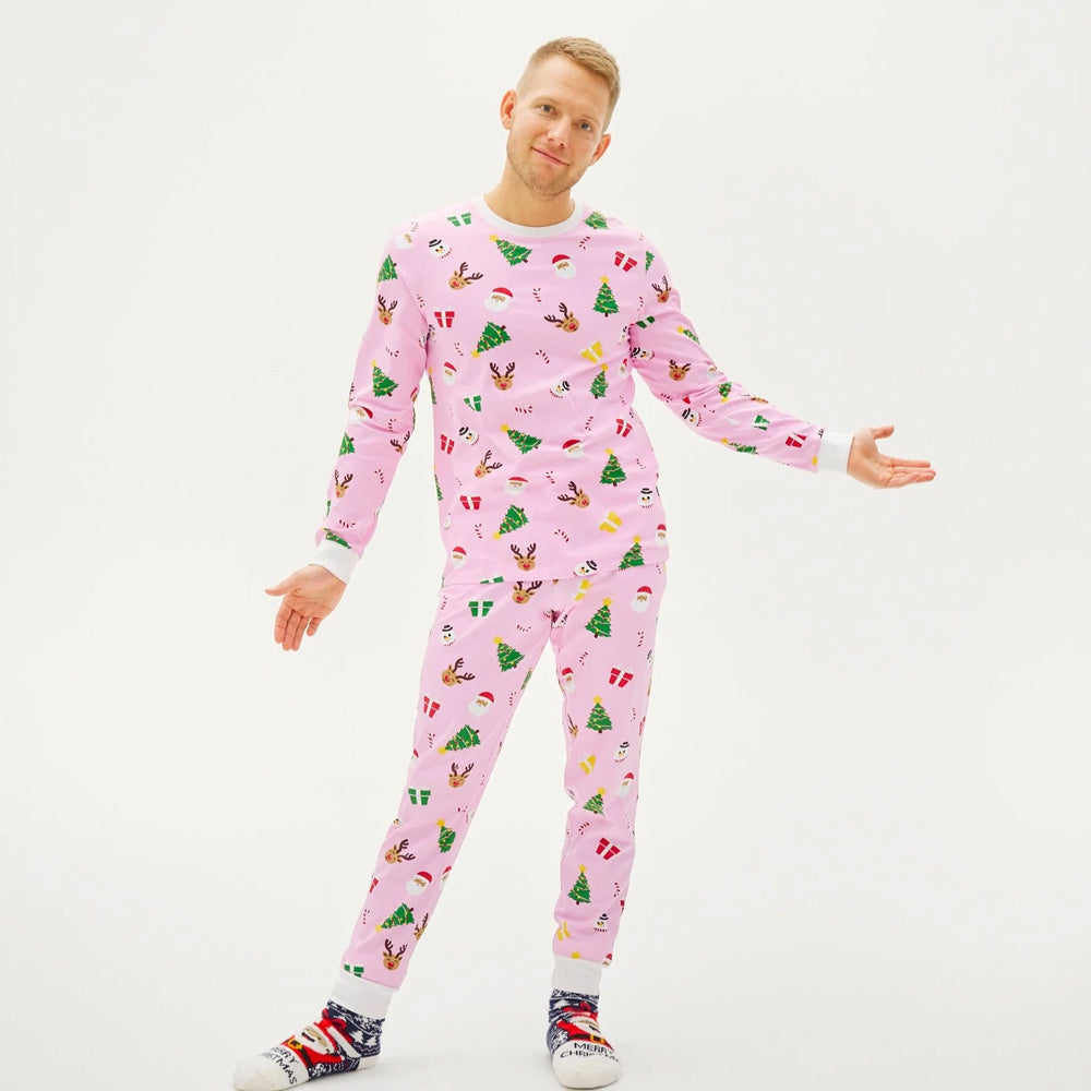 Pink Christmas Pyjama for Men with Christmas Motifs
