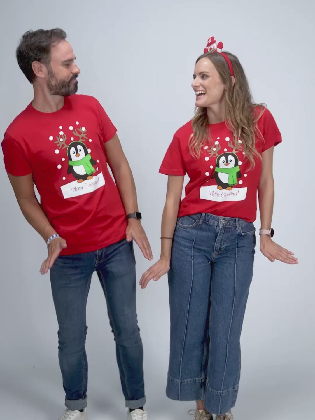 Red Mens and Womens Christmas T-Shirt with Penguin