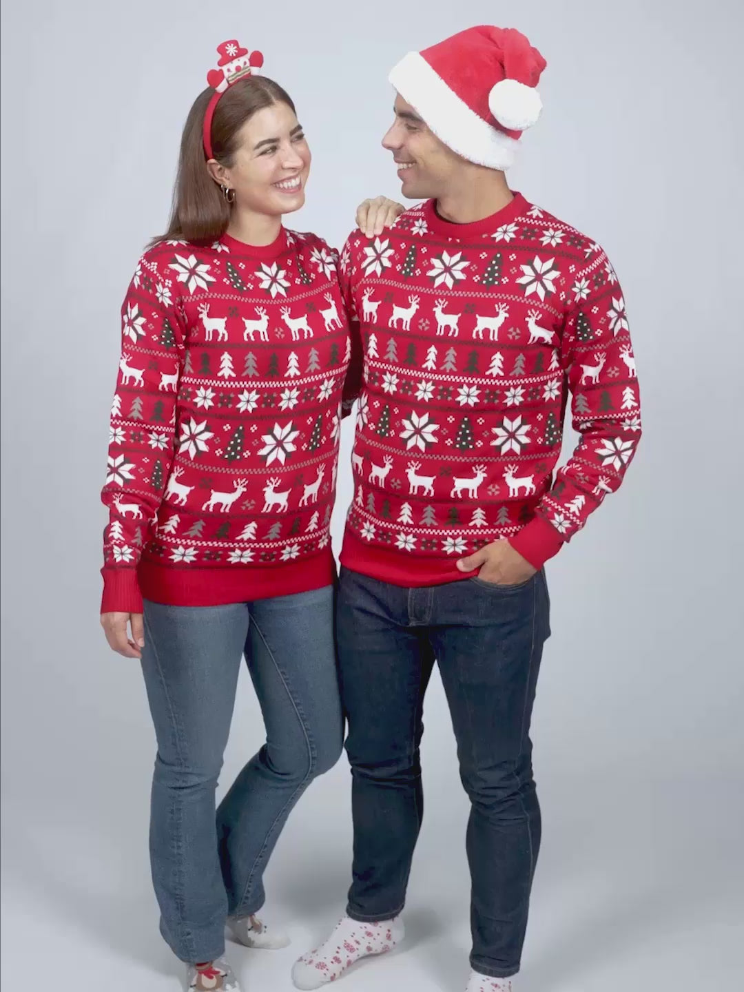 Red Womens and Mens Christmas Jumper with Reindeers, Trees and Polar Star