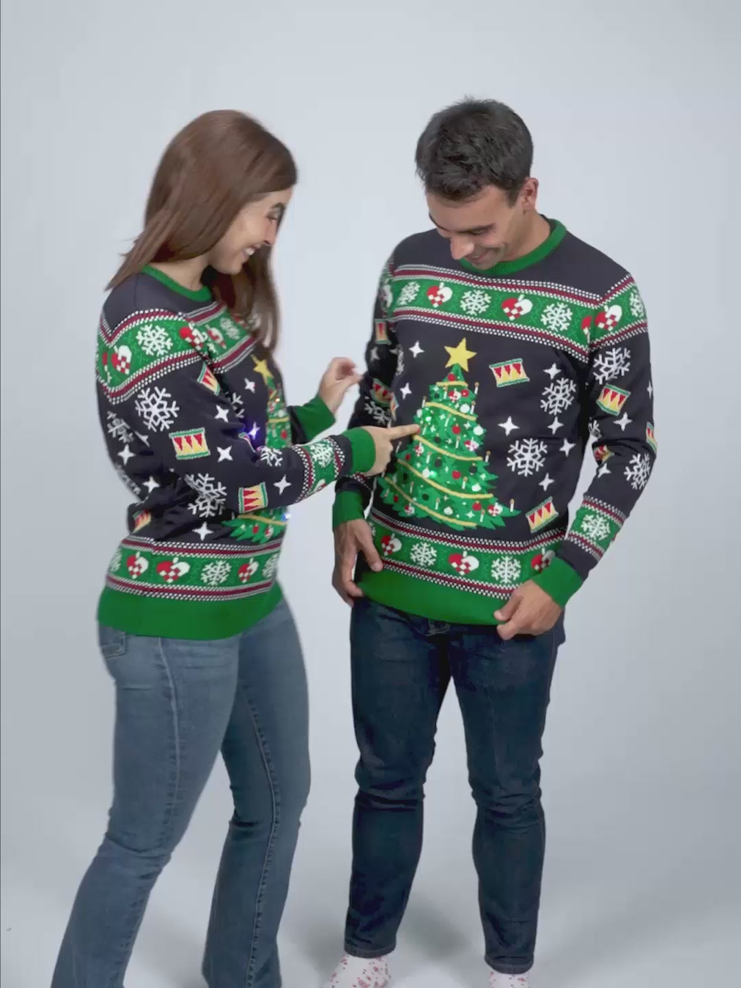 Blue LED light-up Womens and Mens Christmas Jumper with Christmas Tree