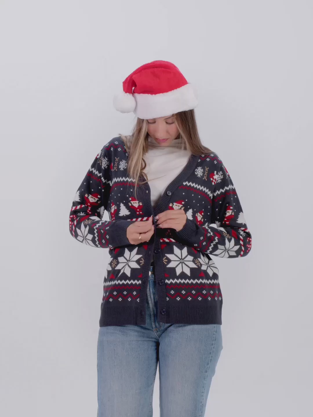 Blue Womens and Mens Cardigan Christmas Jumper with Polar Stars
