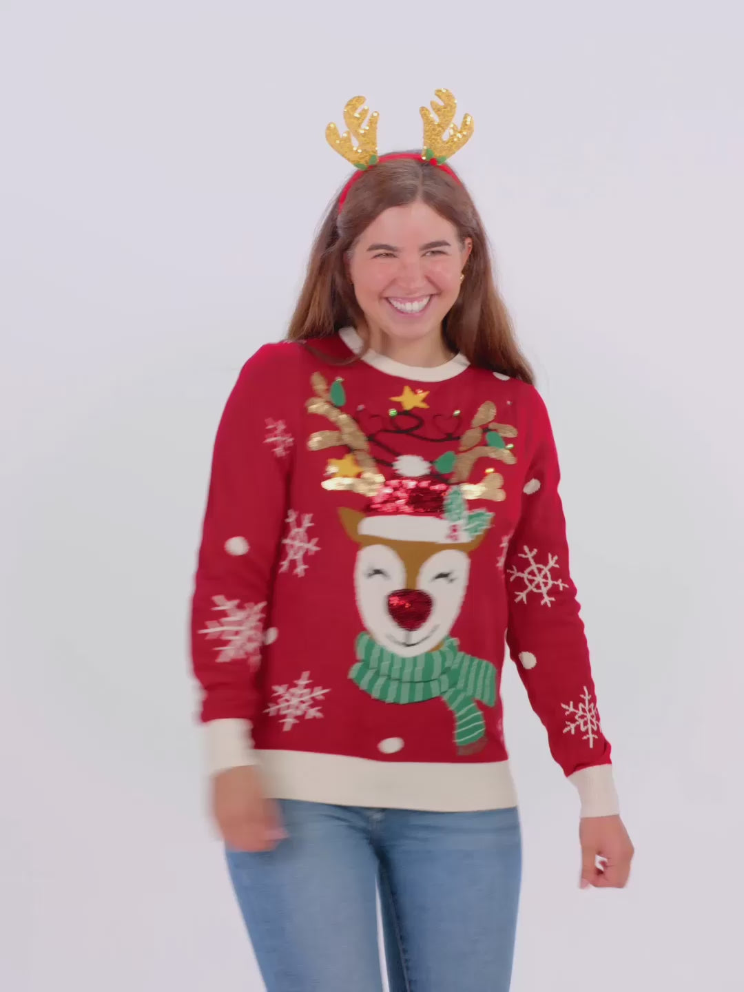 LED light-up Womens and Mens Christmas Jumper Sparkling Sequin Reindeer
