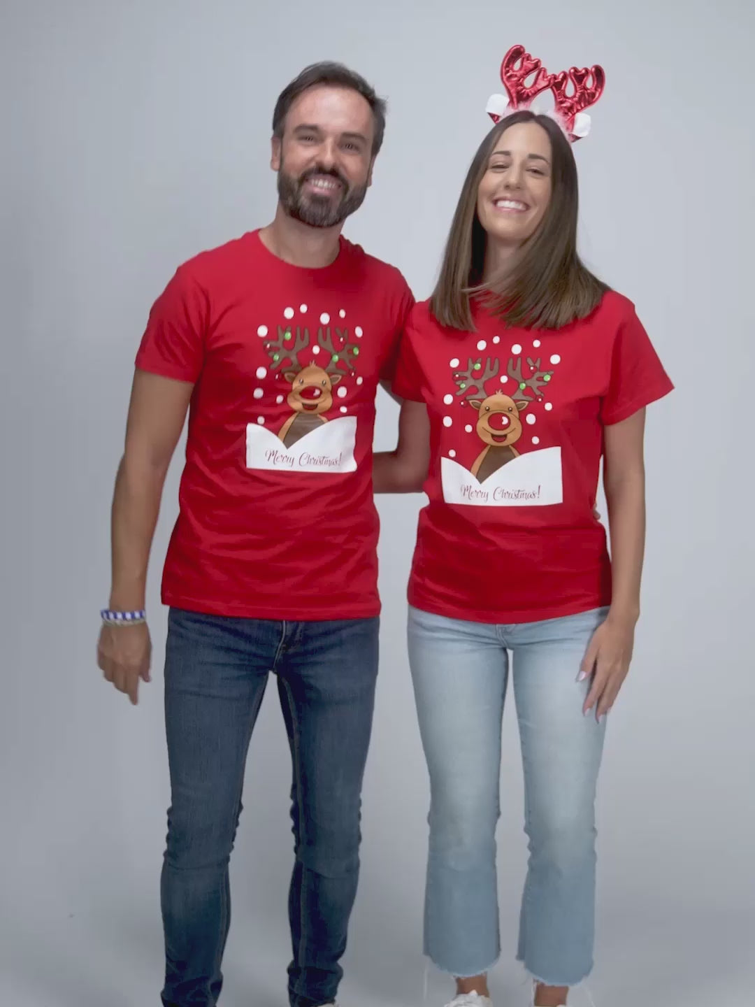 Red Mens and Womens Christmas T-Shirt with Rudolph the Reindeer
