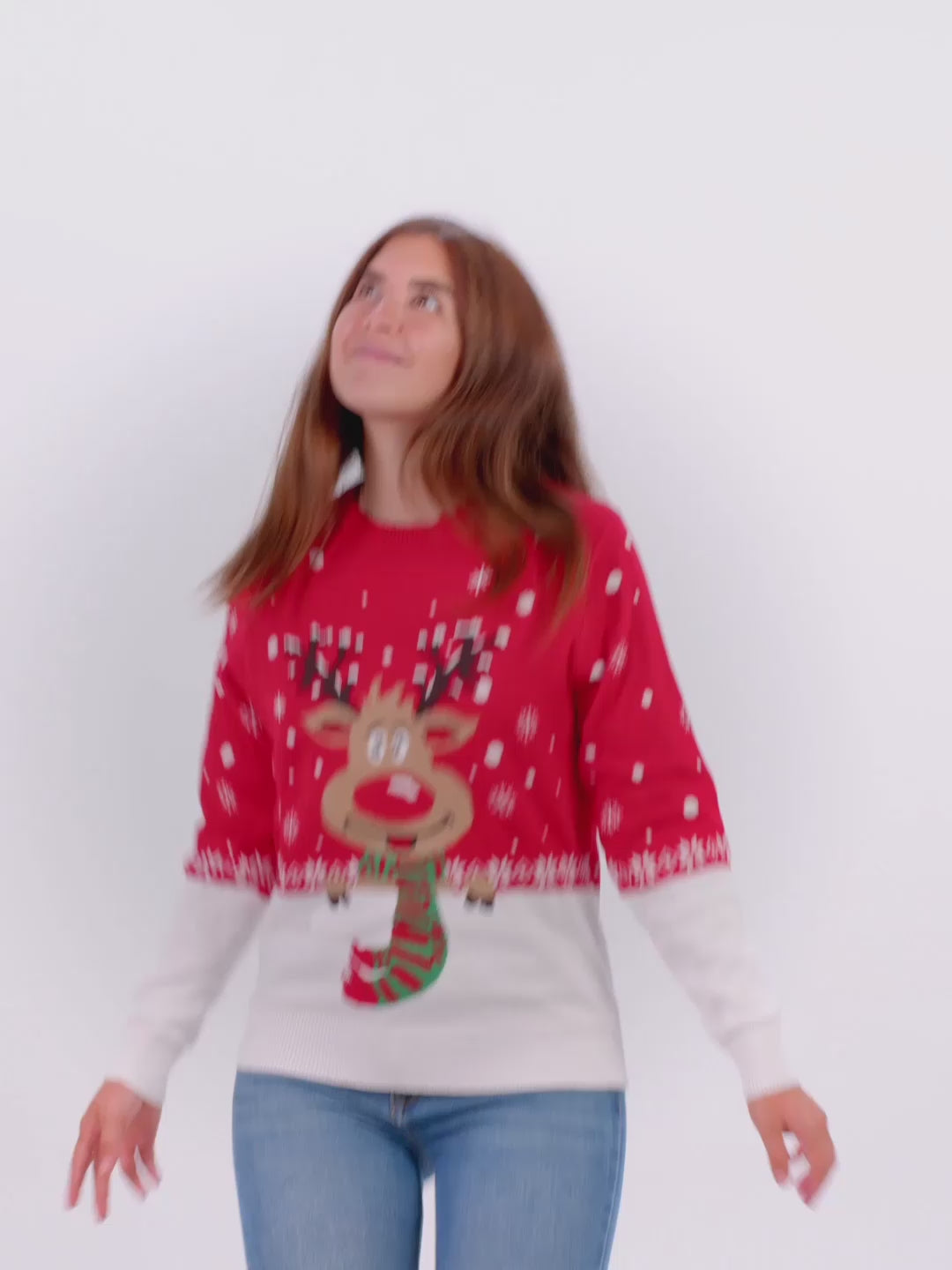 Womens Mens Organic Cotton Christmas Jumper – Reindeer with Scarf