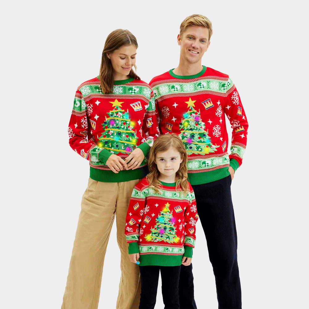 Red LED light-up Family Christmas Jumper with Christmas Tree
