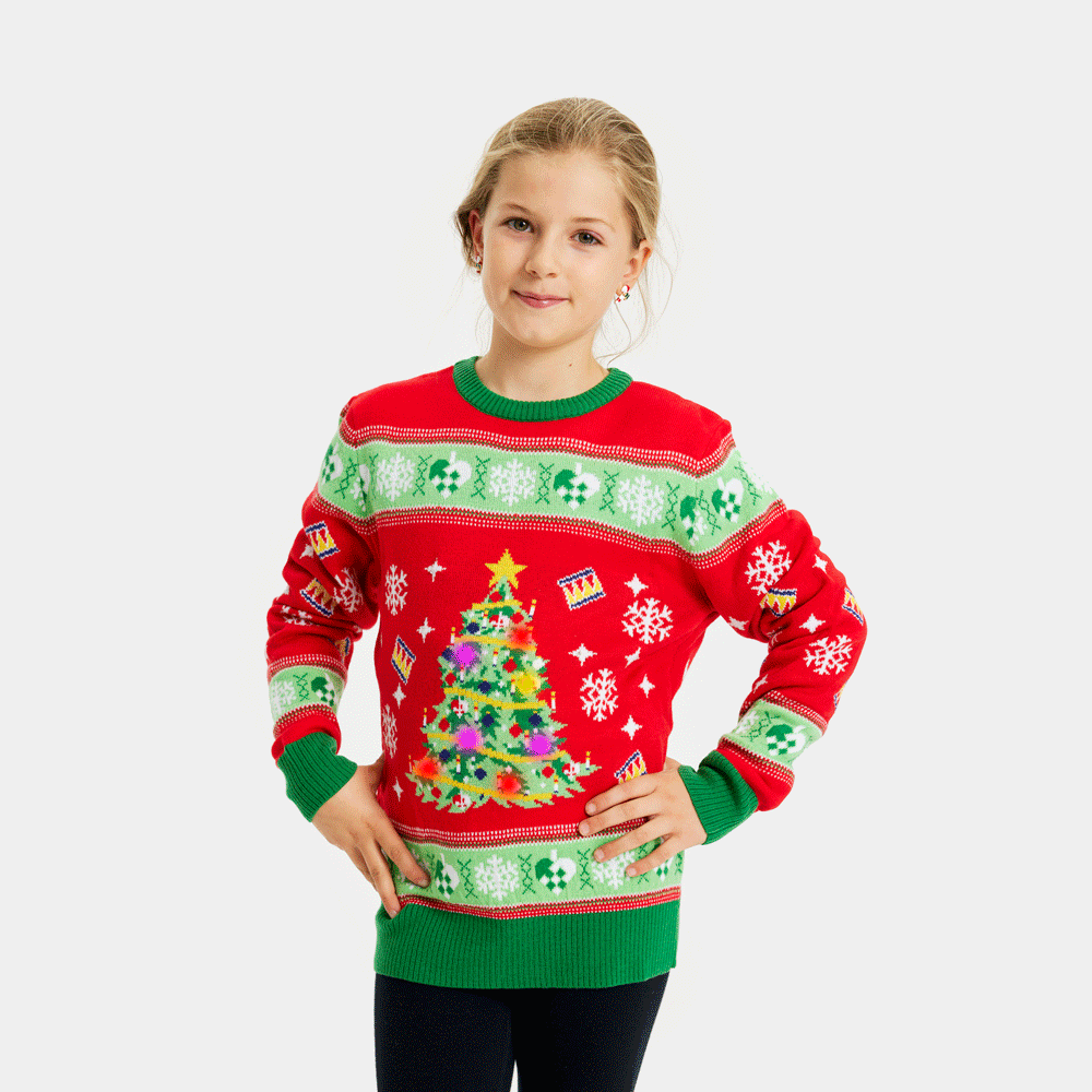 Red LED light-up Girls Christmas Jumper with Christmas Tree

