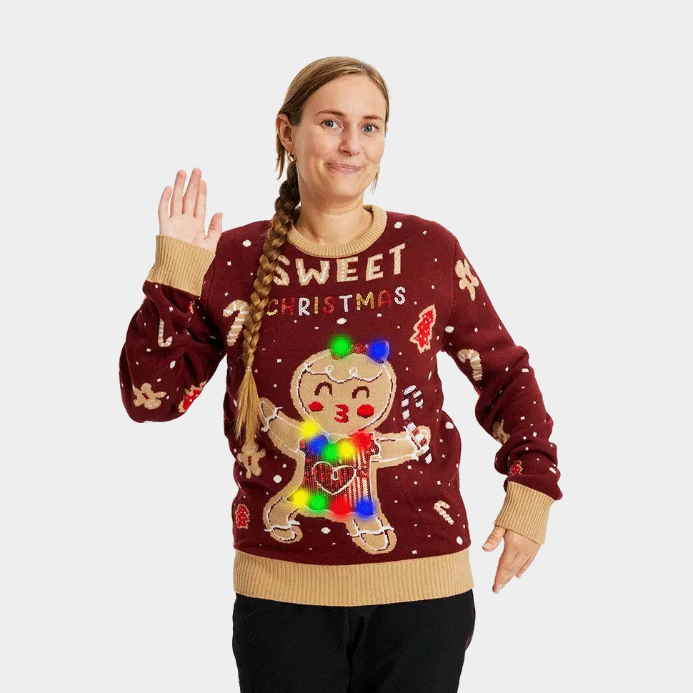 Red LED light-up Womens Christmas Jumper Cookie Ginger 

