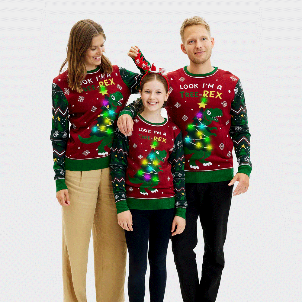 Tree-Rex LED light-up Mens Christmas Jumper Family
