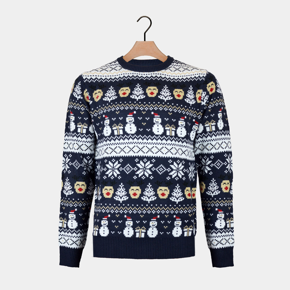 Womens Christmas Jumper Blue Snowmen and Trees

