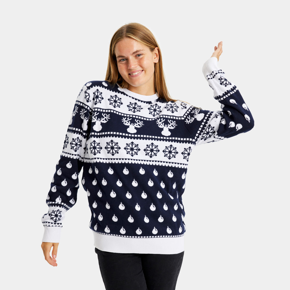 Blue Mens Christmas Jumper Womens Reindeers and Snow
