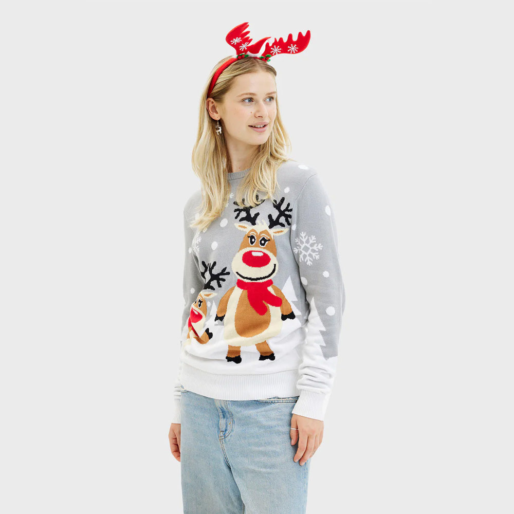 Grey Organic Cotton Womens and Mens Christmas Jumper Cute Reindeers
