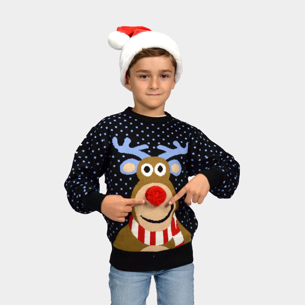Blue 3D Boys Christmas Jumper Reindeer with Red Nosed