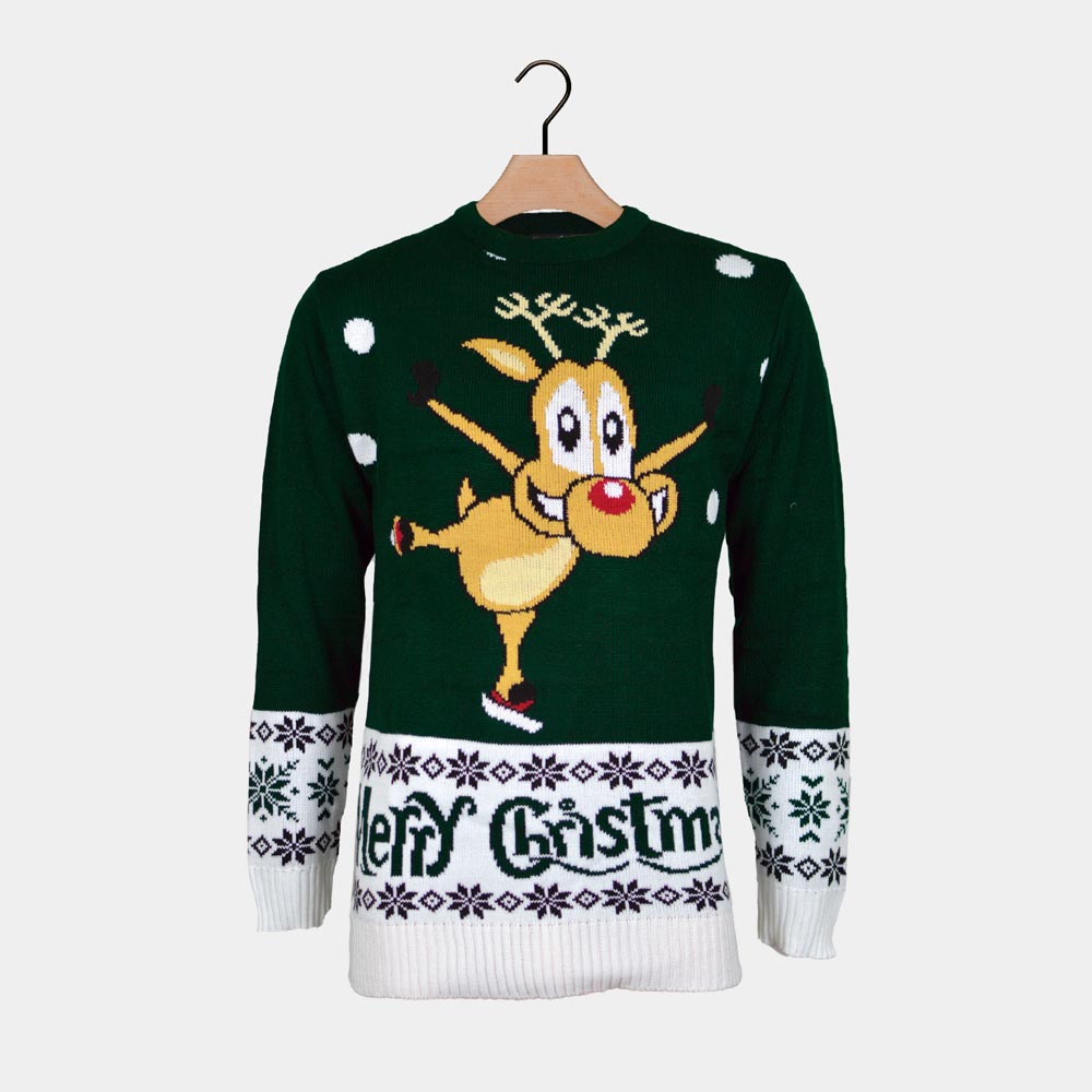 Green Christmas Jumper with skating Reindeer