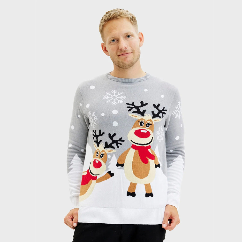 Grey Organic Cotton Cute Reindeers Christmas Jumper Mens