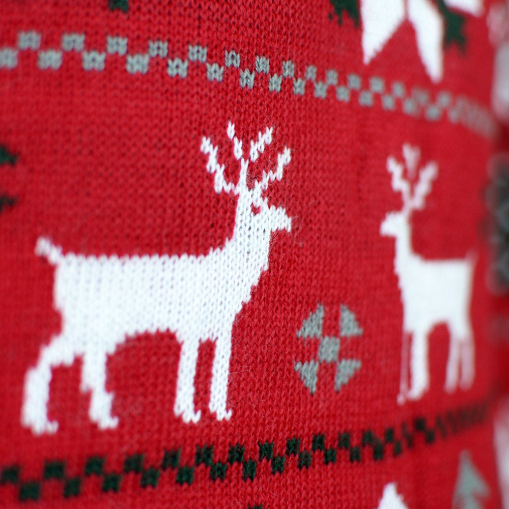 Red Christmas Jumper with Reindeers, Trees and Polar Star Detail Snow