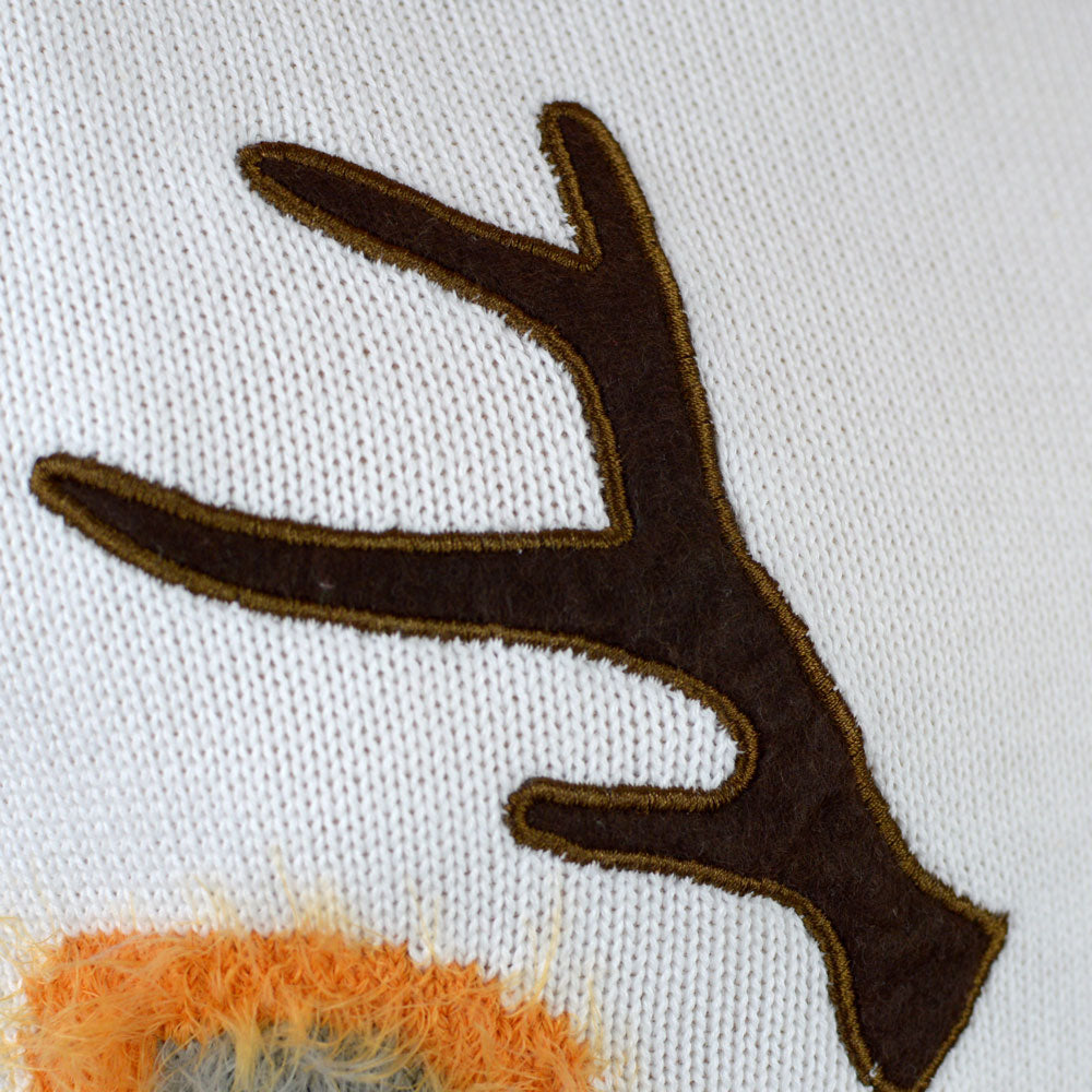 White 3D Christmas Jumper with Hairy Reindeer Detail Eyes